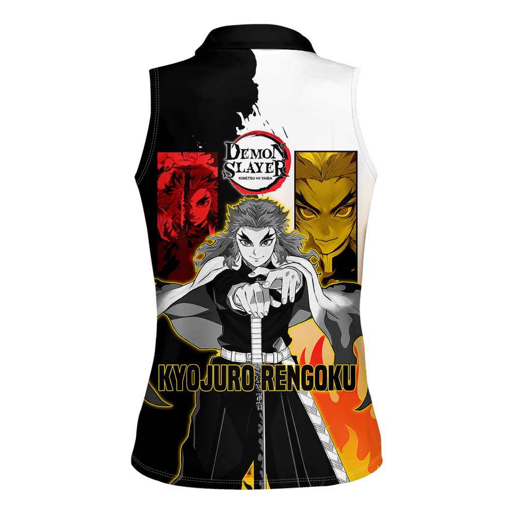 Kyojuro Rengoku from Demon Slayer Women Sleeveless Polo Shirt with Black and White Split Design and Fiery Manga Panel Background - The Mazicc