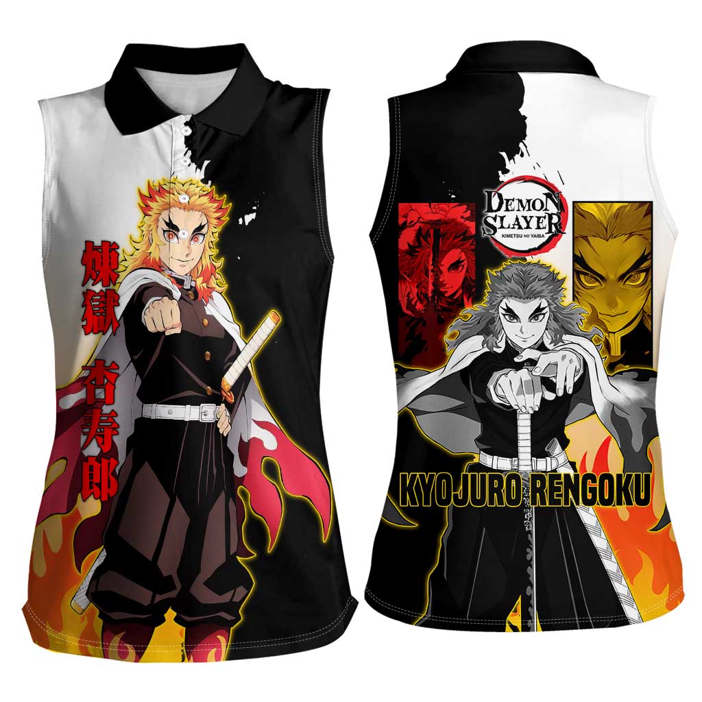 Kyojuro Rengoku from Demon Slayer Women Sleeveless Polo Shirt with Black and White Split Design and Fiery Manga Panel Background - The Mazicc