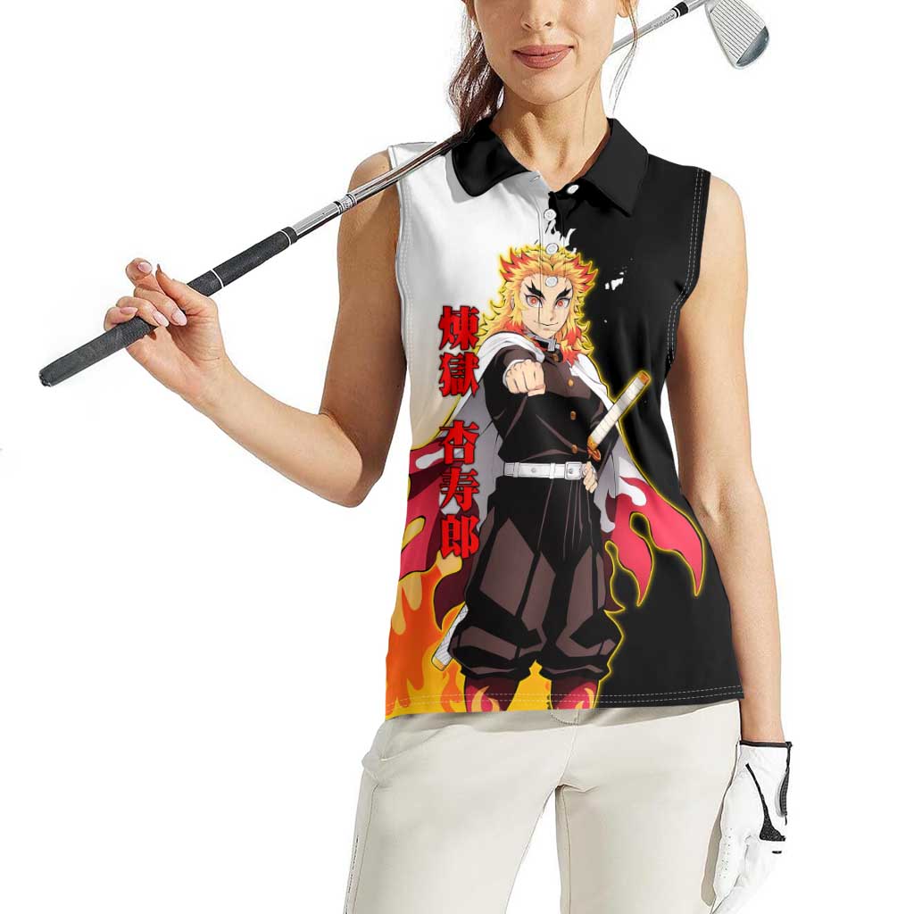 Kyojuro Rengoku from Demon Slayer Women Sleeveless Polo Shirt with Black and White Split Design and Fiery Manga Panel Background - The Mazicc