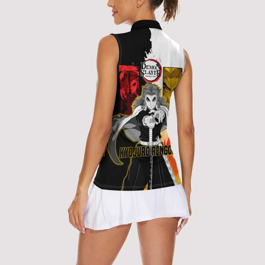 Kyojuro Rengoku from Demon Slayer Women Sleeveless Polo Shirt with Black and White Split Design and Fiery Manga Panel Background - The Mazicc