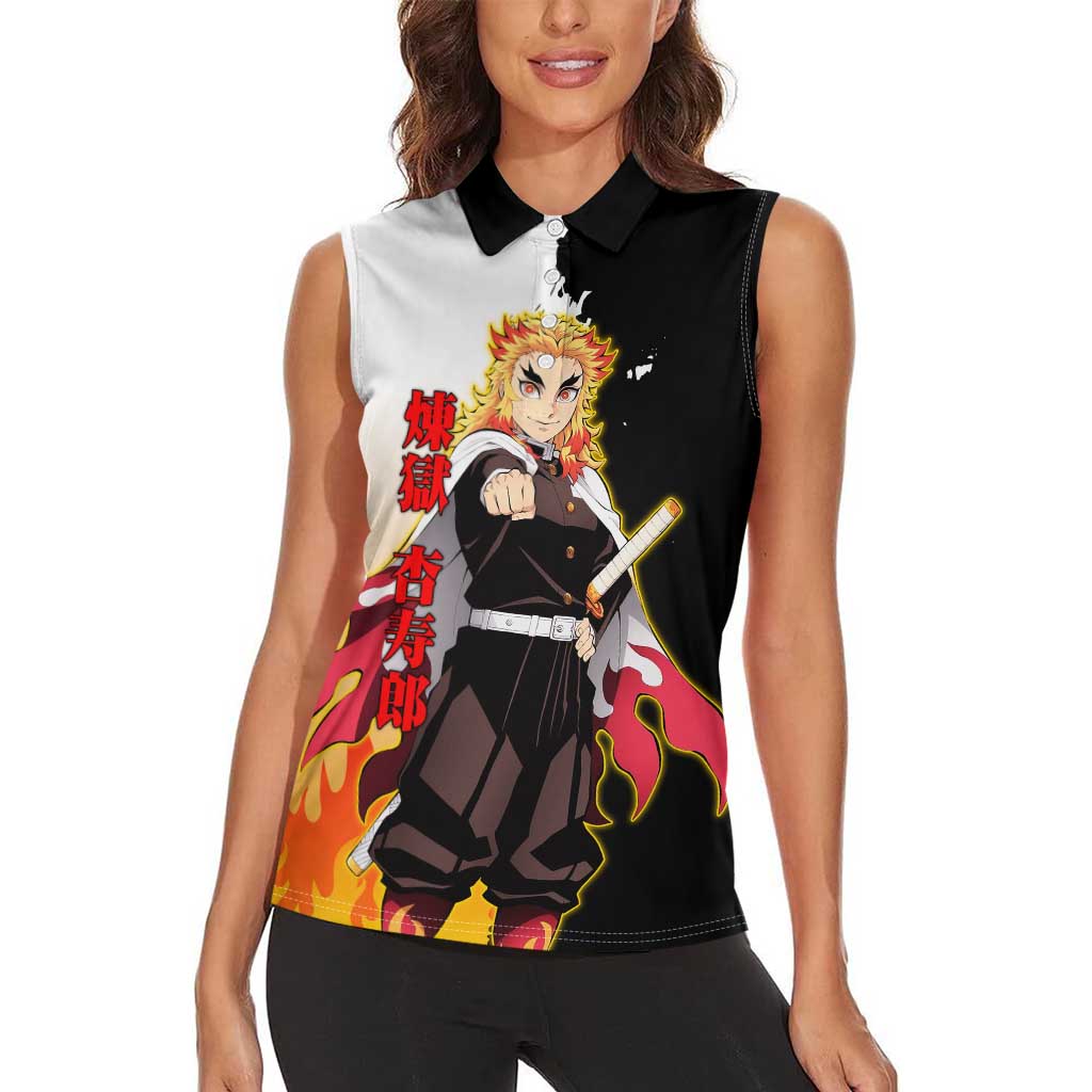 Kyojuro Rengoku from Demon Slayer Women Sleeveless Polo Shirt with Black and White Split Design and Fiery Manga Panel Background - The Mazicc