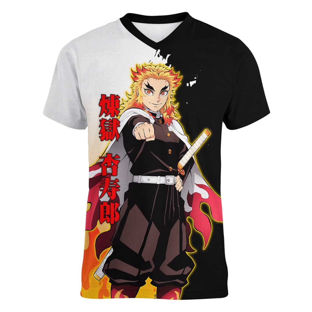 Kyojuro Rengoku from Demon Slayer Women V-Neck T-Shirt with Black and White Split Design and Fiery Manga Panel Background - The Mazicc