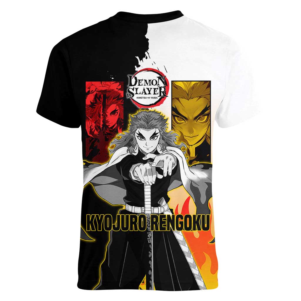 Kyojuro Rengoku from Demon Slayer Women V-Neck T-Shirt with Black and White Split Design and Fiery Manga Panel Background - The Mazicc