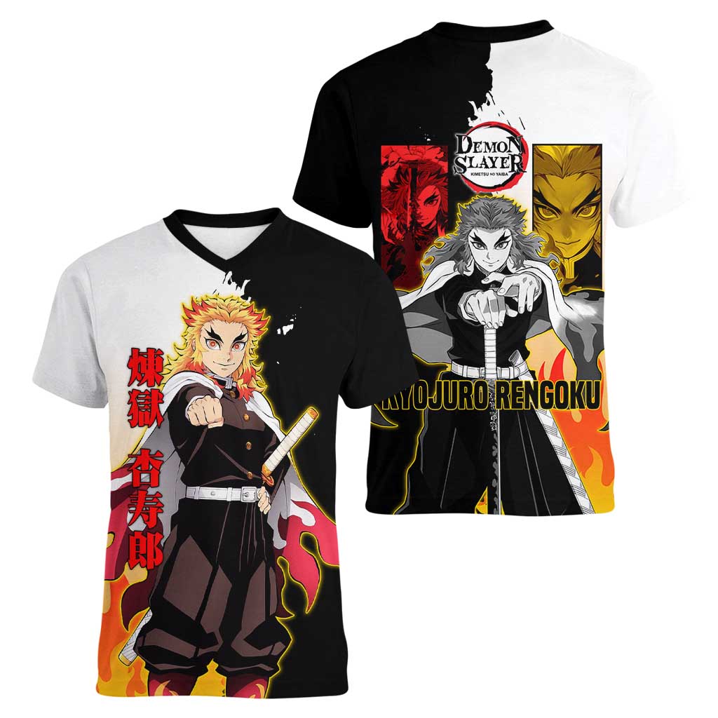 Kyojuro Rengoku from Demon Slayer Women V-Neck T-Shirt with Black and White Split Design and Fiery Manga Panel Background - The Mazicc