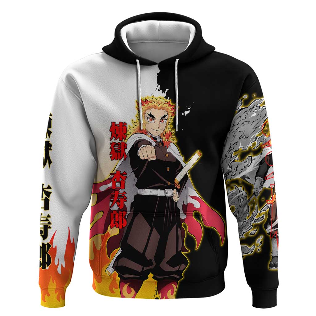 Kyojuro Rengoku from Demon Slayer Zip Hoodie with Black and White Split Design and Fiery Manga Panel Background - The Mazicc