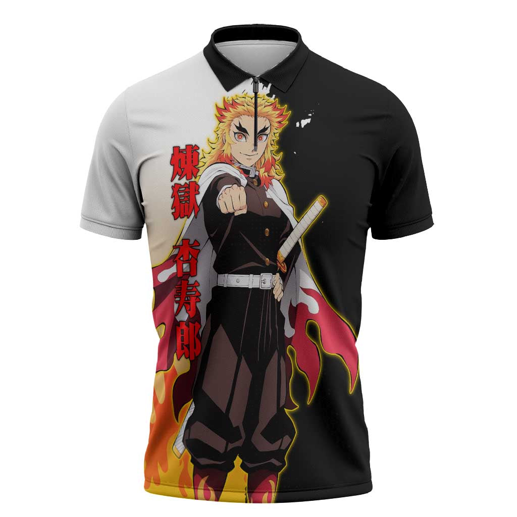 Kyojuro Rengoku from Demon Slayer Zipper Polo Shirt with Black and White Split Design and Fiery Manga Panel Background - The Mazicc