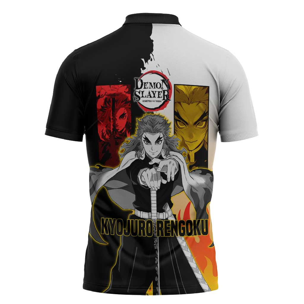 Kyojuro Rengoku from Demon Slayer Zipper Polo Shirt with Black and White Split Design and Fiery Manga Panel Background - The Mazicc