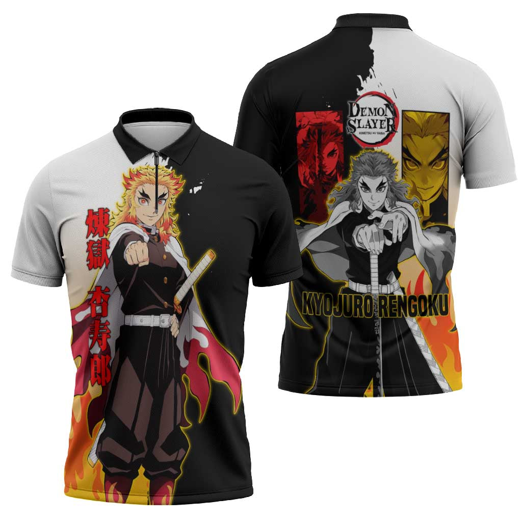Kyojuro Rengoku from Demon Slayer Zipper Polo Shirt with Black and White Split Design and Fiery Manga Panel Background - The Mazicc