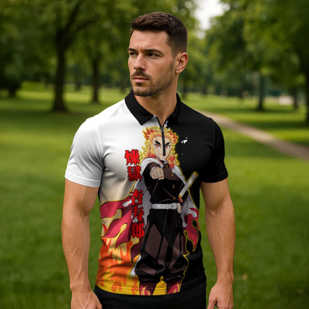 Kyojuro Rengoku from Demon Slayer Zipper Polo Shirt with Black and White Split Design and Fiery Manga Panel Background - The Mazicc