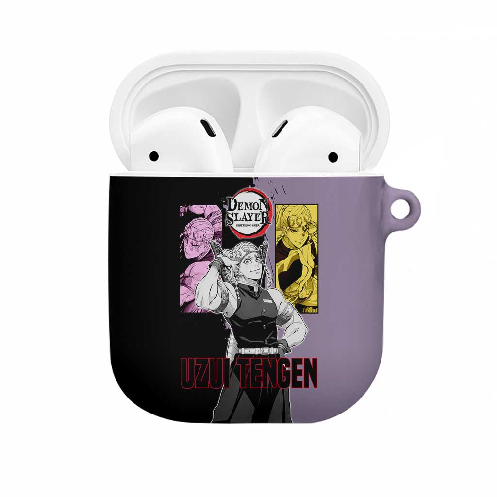 Tengen Uzui from Demon Slayer AirPods Case with Purple and Black Split Design and Dual Sword Manga Panel Layout - The Mazicc
