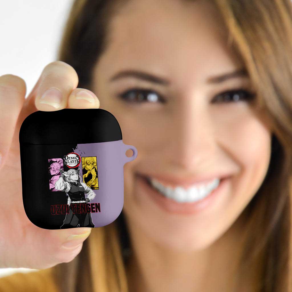 Tengen Uzui from Demon Slayer AirPods Case with Purple and Black Split Design and Dual Sword Manga Panel Layout - The Mazicc