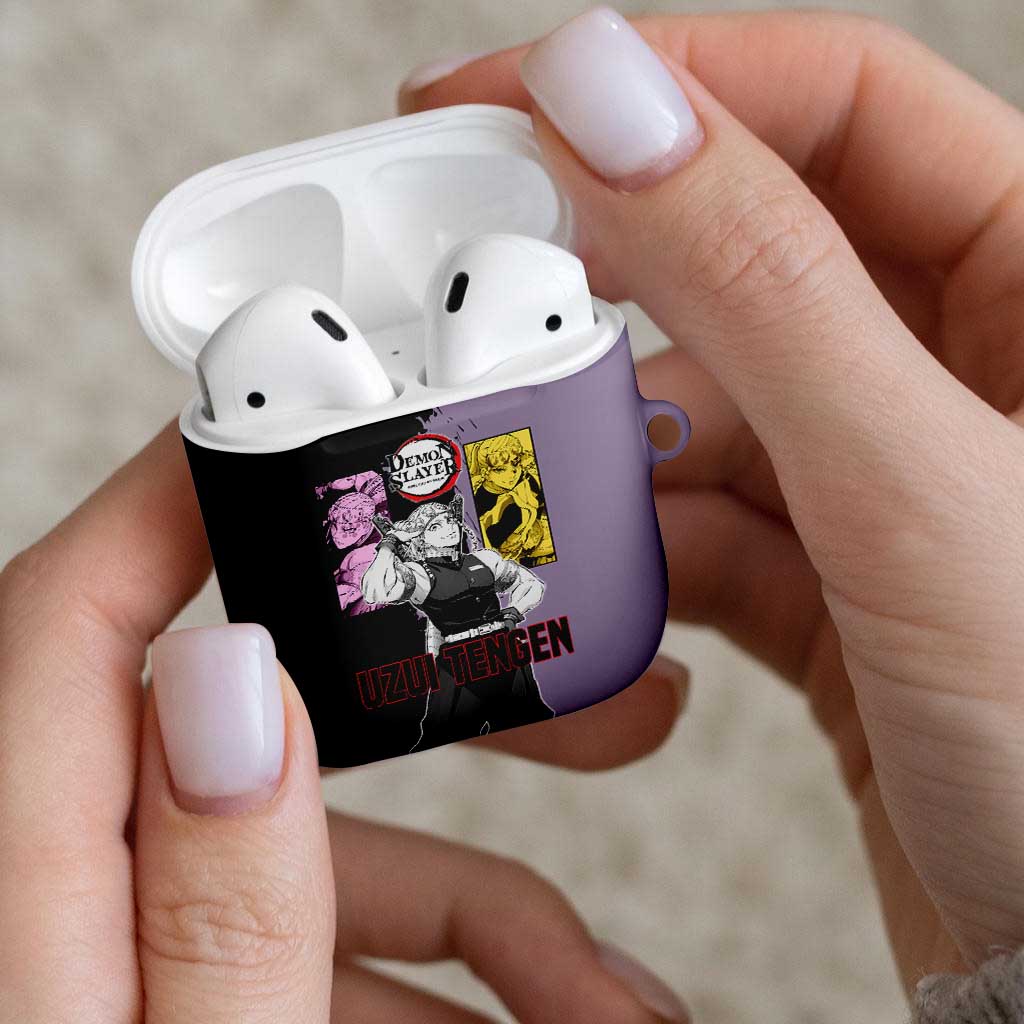 Tengen Uzui from Demon Slayer AirPods Case with Purple and Black Split Design and Dual Sword Manga Panel Layout - The Mazicc