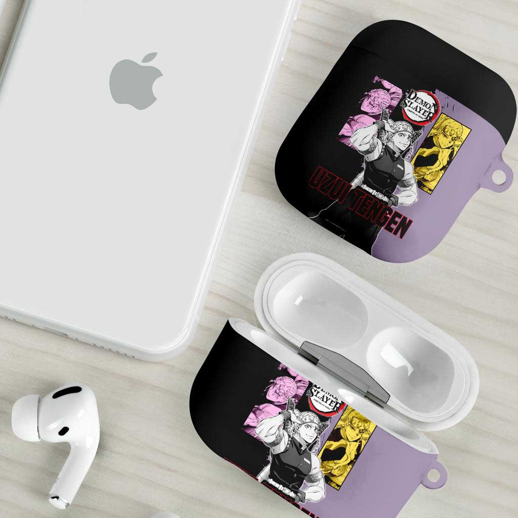 Tengen Uzui from Demon Slayer AirPods Case with Purple and Black Split Design and Dual Sword Manga Panel Layout - The Mazicc