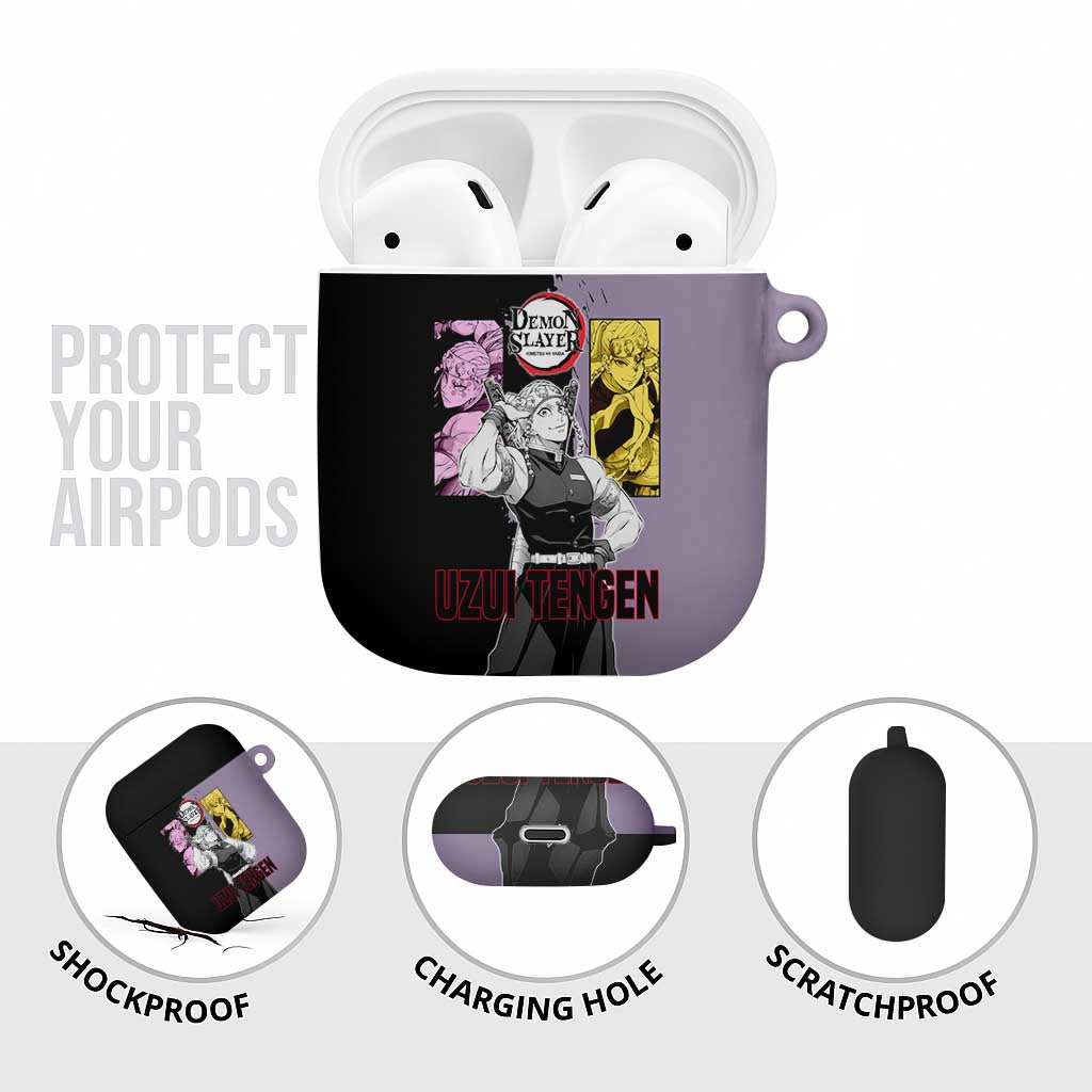 Tengen Uzui from Demon Slayer AirPods Case with Purple and Black Split Design and Dual Sword Manga Panel Layout - The Mazicc
