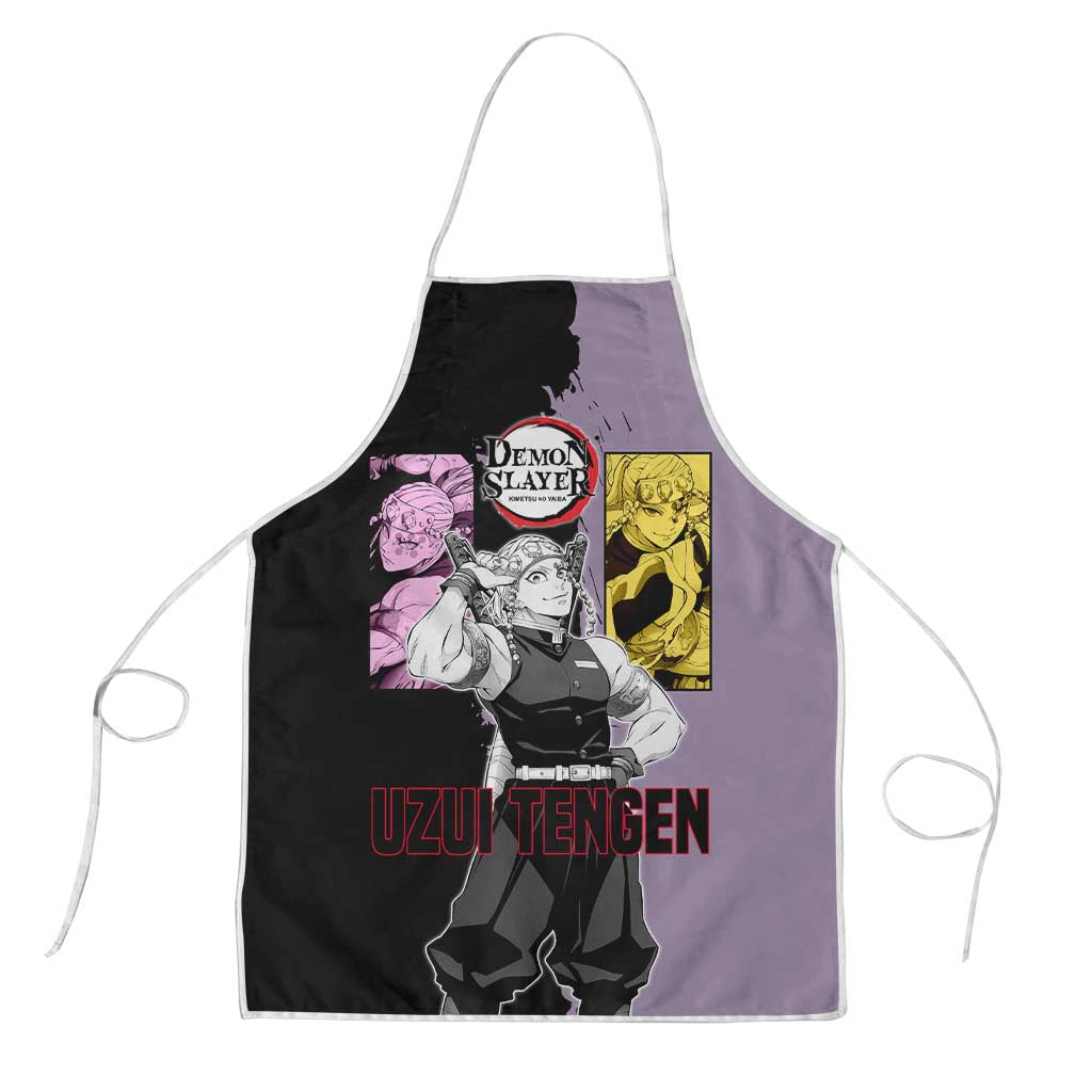 Tengen Uzui from Demon Slayer Apron with Purple and Black Split Design and Dual Sword Manga Panel Layout - The Mazicc