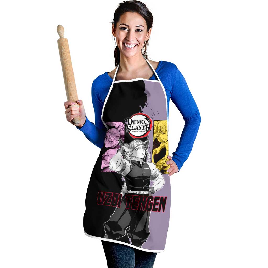 Tengen Uzui from Demon Slayer Apron with Purple and Black Split Design and Dual Sword Manga Panel Layout - The Mazicc