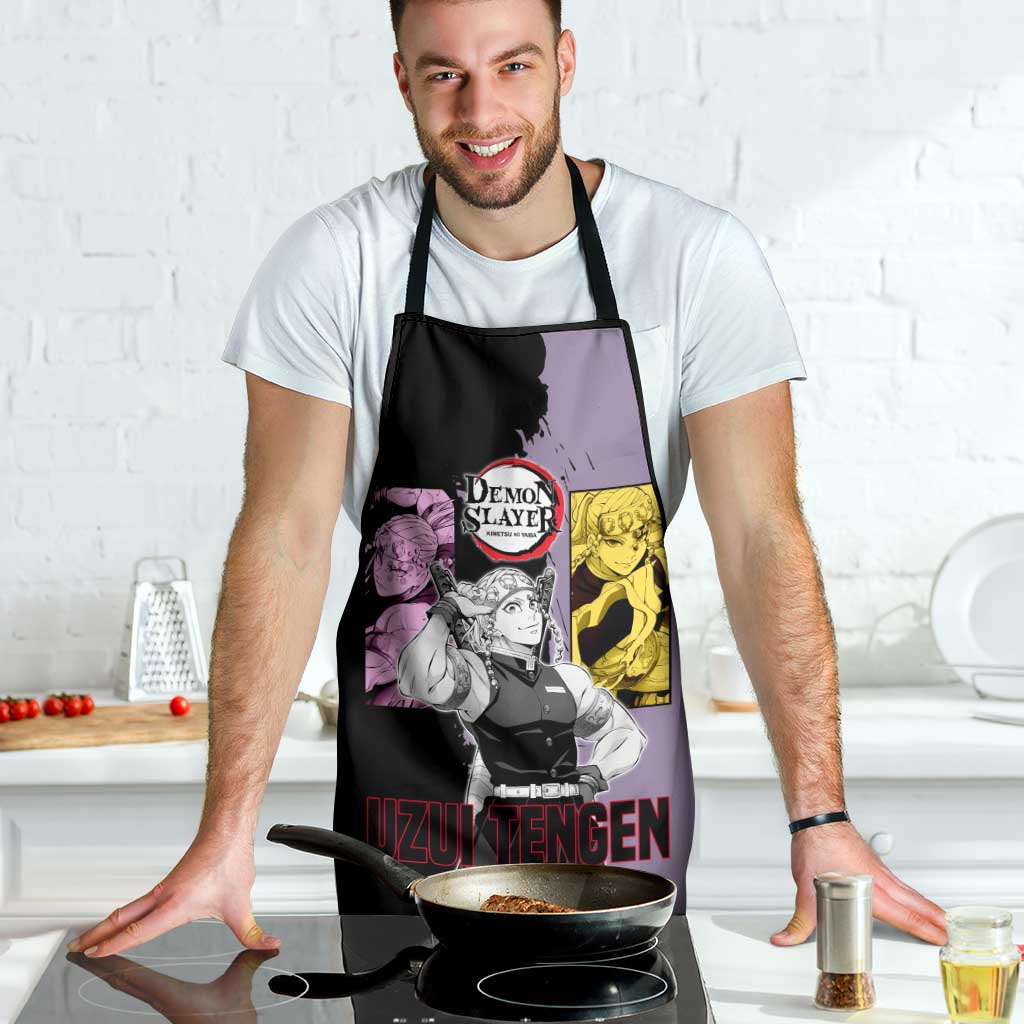Tengen Uzui from Demon Slayer Apron with Purple and Black Split Design and Dual Sword Manga Panel Layout - The Mazicc