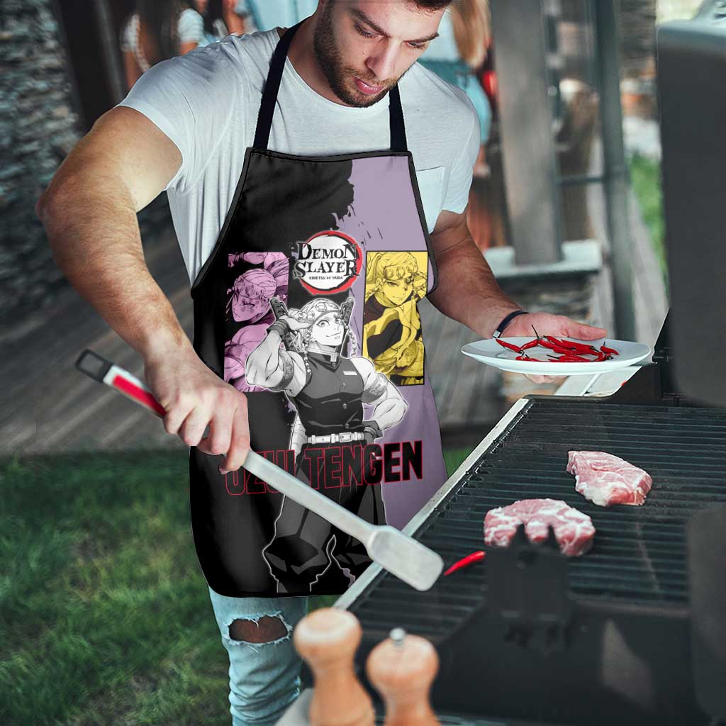 Tengen Uzui from Demon Slayer Apron with Purple and Black Split Design and Dual Sword Manga Panel Layout - The Mazicc