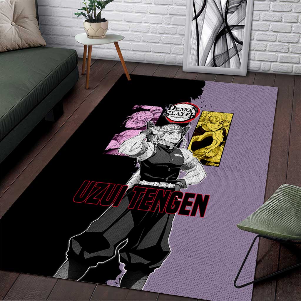 Tengen Uzui from Demon Slayer Area Rug with Purple and Black Split Design and Dual Sword Manga Panel Layout - The Mazicc