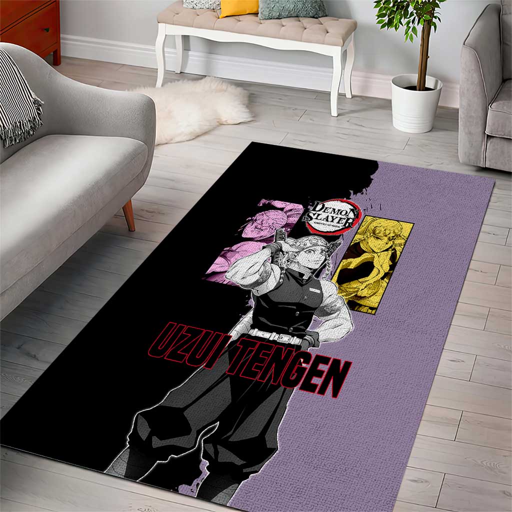 Tengen Uzui from Demon Slayer Area Rug with Purple and Black Split Design and Dual Sword Manga Panel Layout - The Mazicc