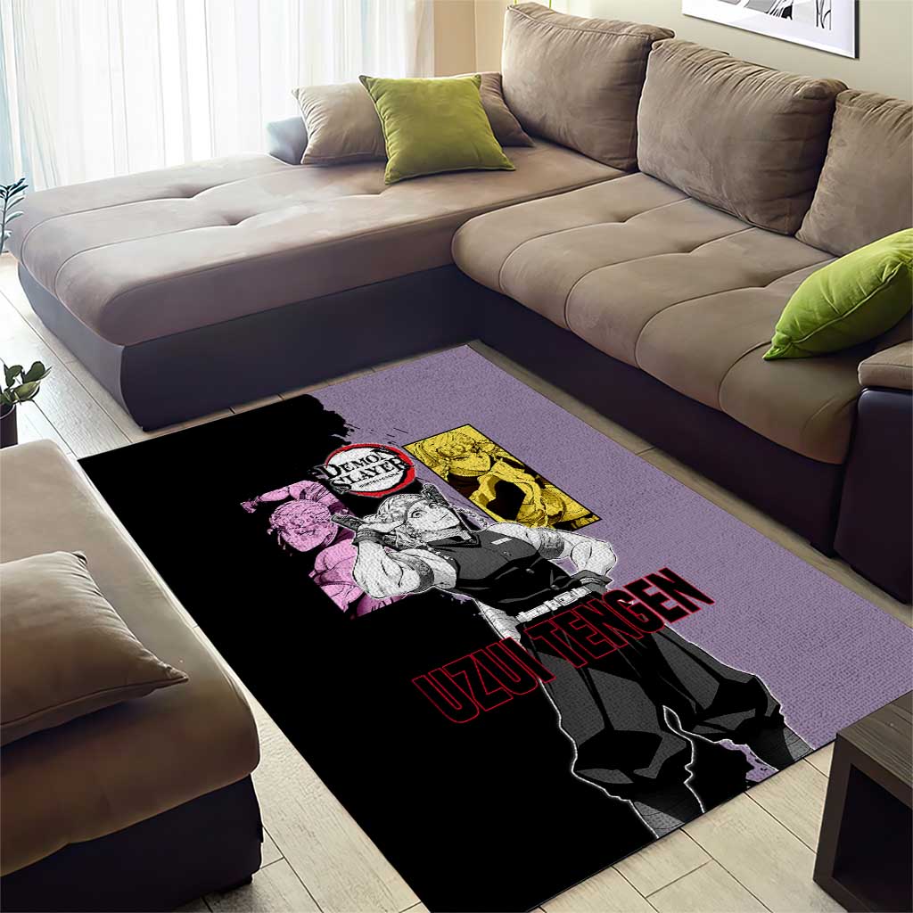 Tengen Uzui from Demon Slayer Area Rug with Purple and Black Split Design and Dual Sword Manga Panel Layout - The Mazicc