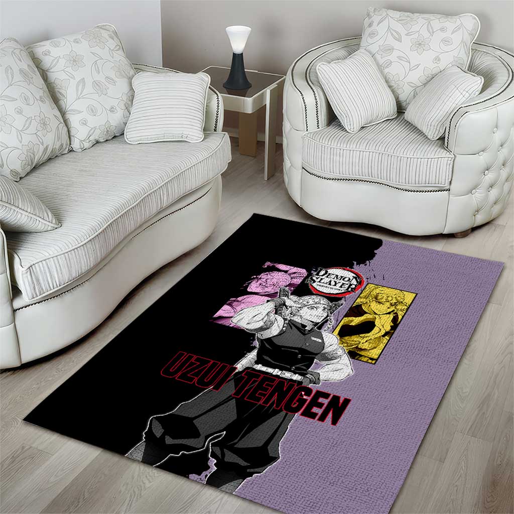 Tengen Uzui from Demon Slayer Area Rug with Purple and Black Split Design and Dual Sword Manga Panel Layout - The Mazicc