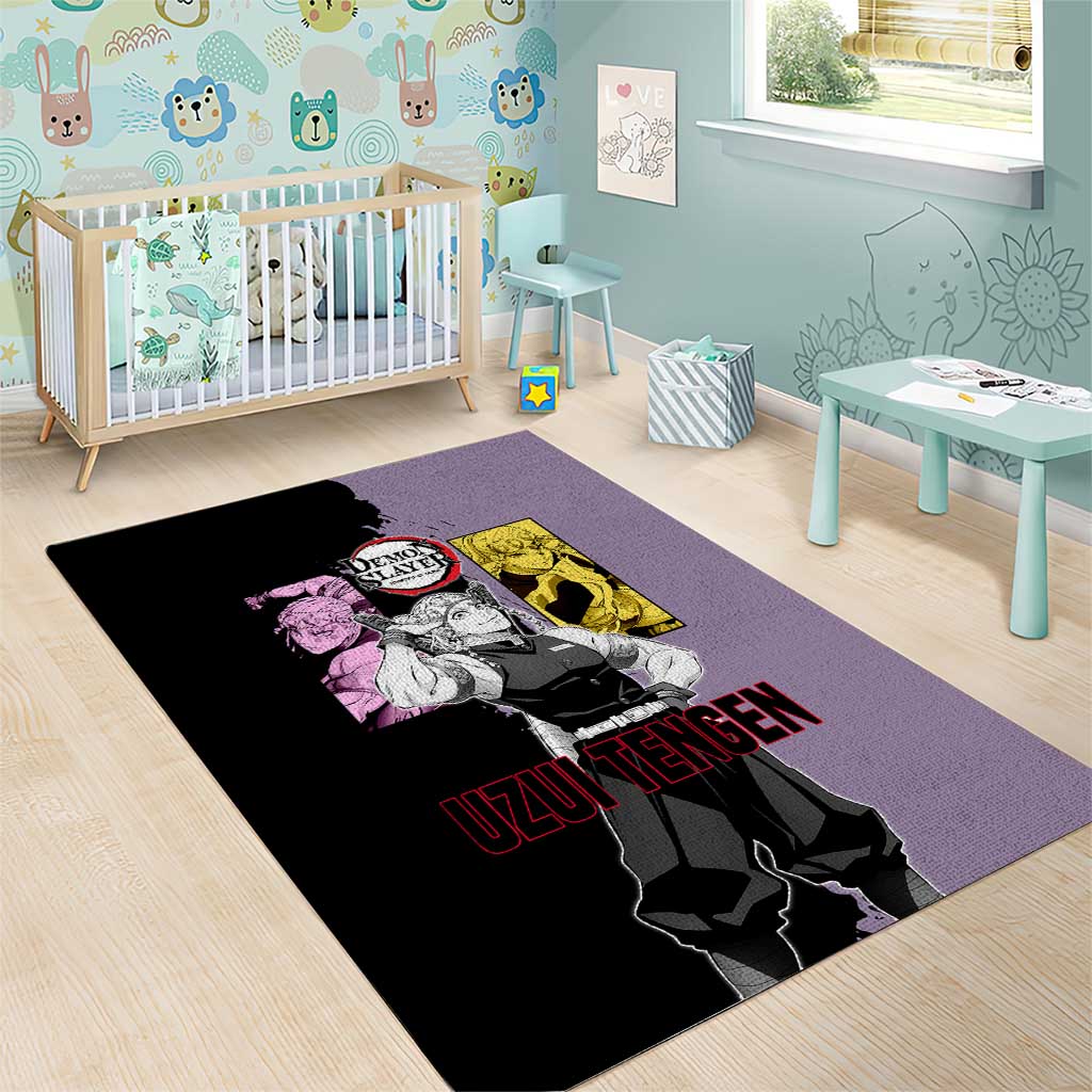 Tengen Uzui from Demon Slayer Area Rug with Purple and Black Split Design and Dual Sword Manga Panel Layout - The Mazicc