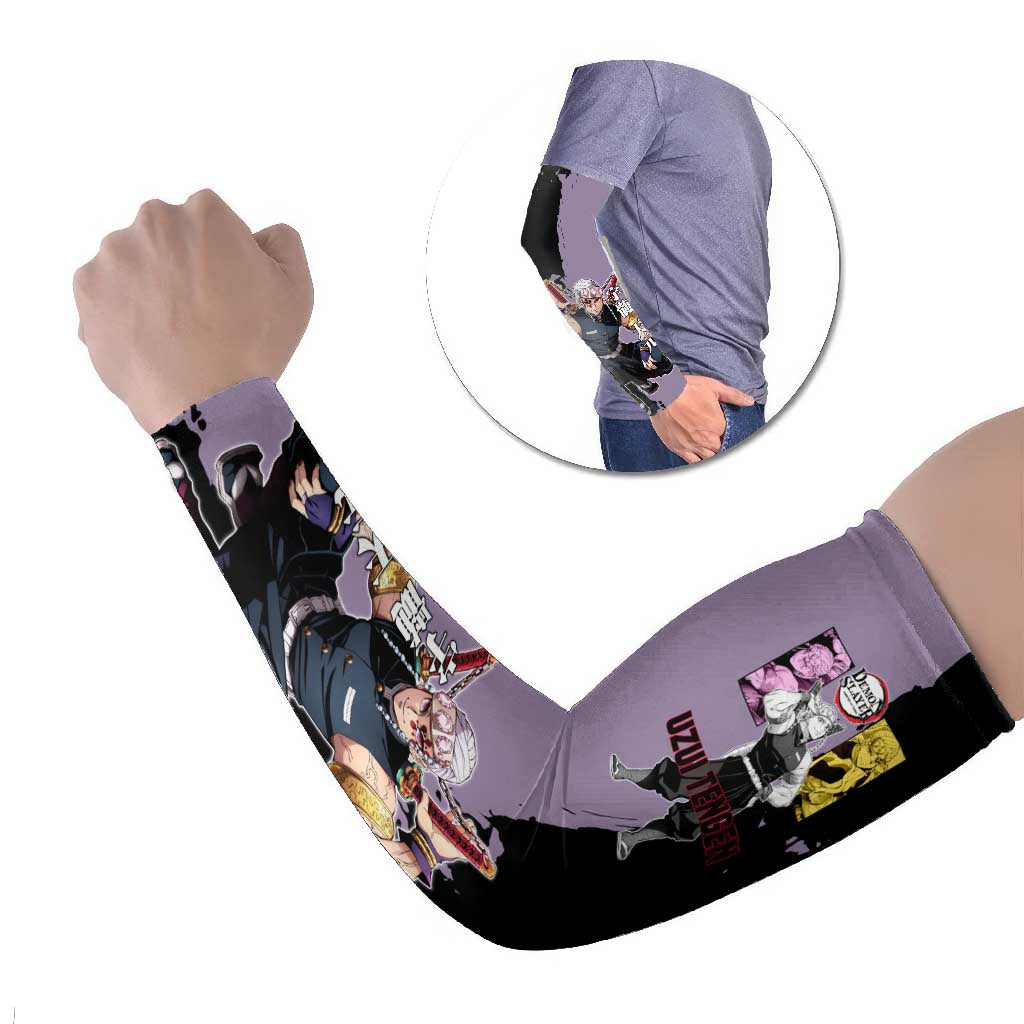 Tengen Uzui from Demon Slayer Arm Sleeves with Purple and Black Split Design and Dual Sword Manga Panel Layout - The Mazicc