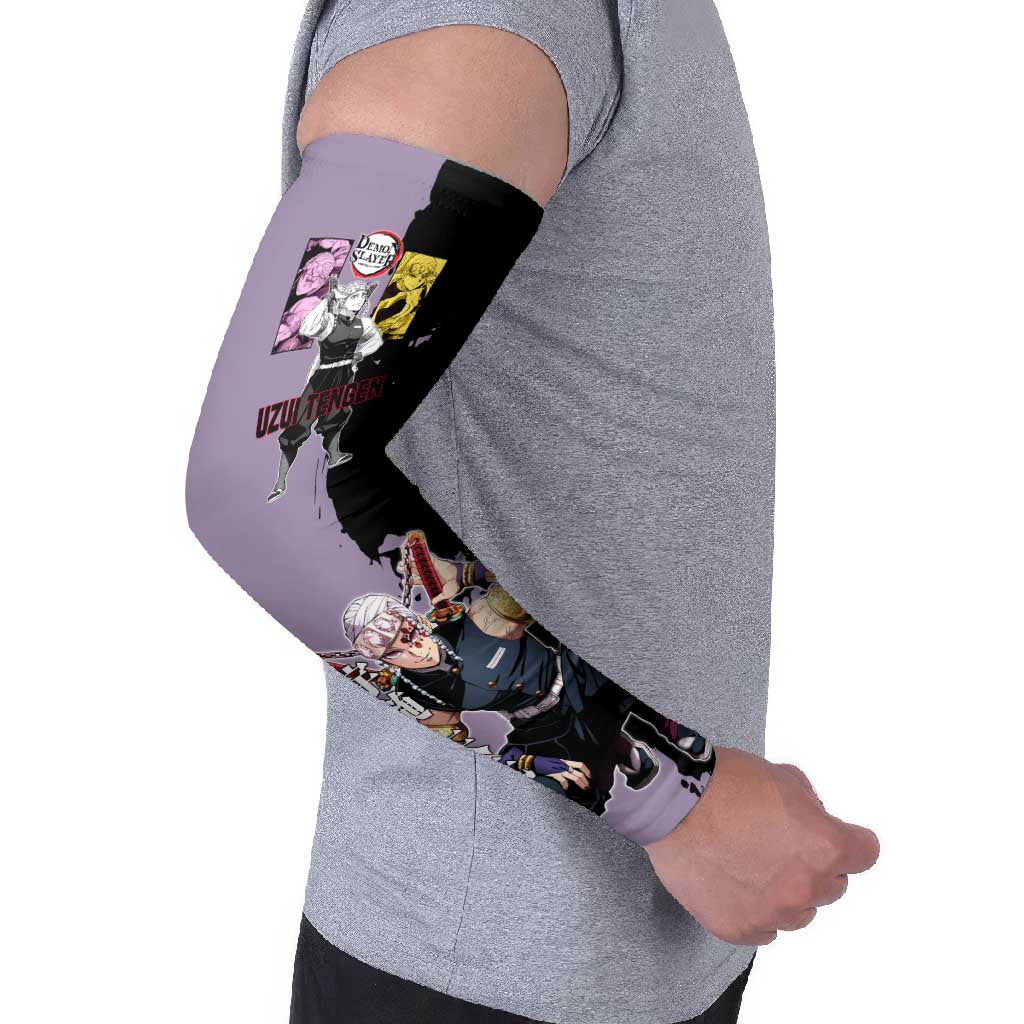 Tengen Uzui from Demon Slayer Arm Sleeves with Purple and Black Split Design and Dual Sword Manga Panel Layout - The Mazicc