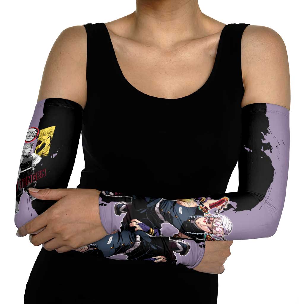 Tengen Uzui from Demon Slayer Arm Sleeves with Purple and Black Split Design and Dual Sword Manga Panel Layout - The Mazicc