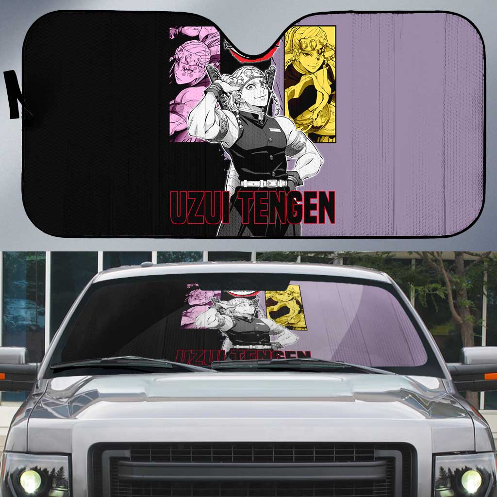 Tengen Uzui from Demon Slayer Auto Sun Shade with Purple and Black Split Design and Dual Sword Manga Panel Layout - The Mazicc