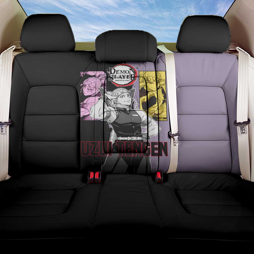 Tengen Uzui from Demon Slayer Back Car Seat Cover with Purple and Black Split Design and Dual Sword Manga Panel Layout - The Mazicc