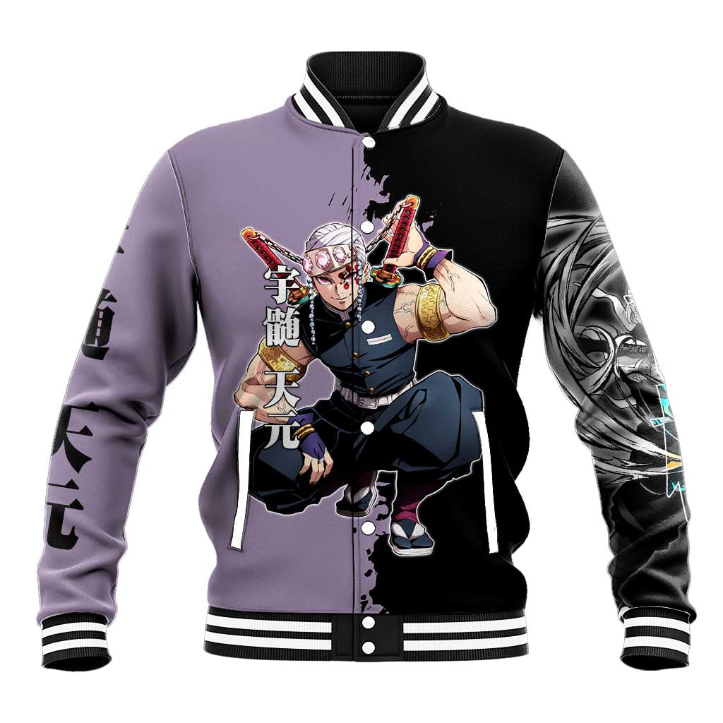 Tengen Uzui from Demon Slayer Baseball Jacket with Purple and Black Split Design and Dual Sword Manga Panel Layout - The Mazicc