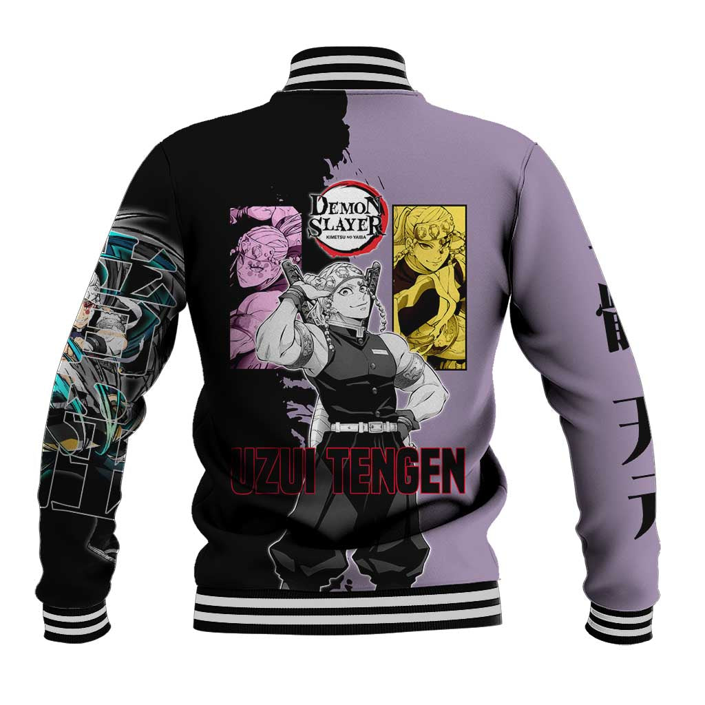 Tengen Uzui from Demon Slayer Baseball Jacket with Purple and Black Split Design and Dual Sword Manga Panel Layout - The Mazicc