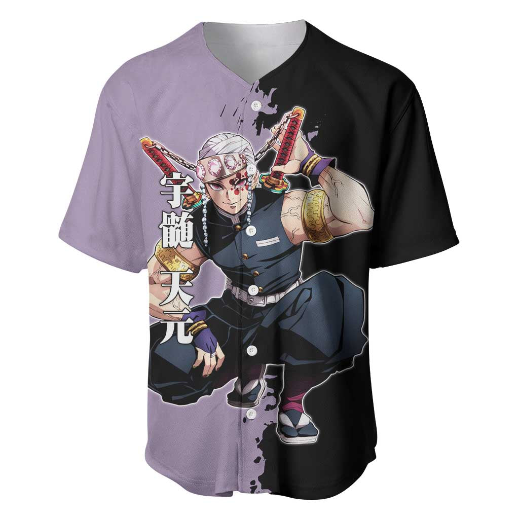 Tengen Uzui from Demon Slayer Baseball Jersey with Purple and Black Split Design and Dual Sword Manga Panel Layout - The Mazicc
