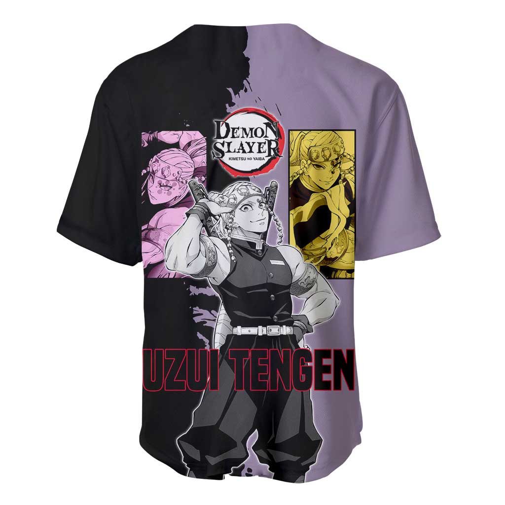 Tengen Uzui from Demon Slayer Baseball Jersey with Purple and Black Split Design and Dual Sword Manga Panel Layout - The Mazicc