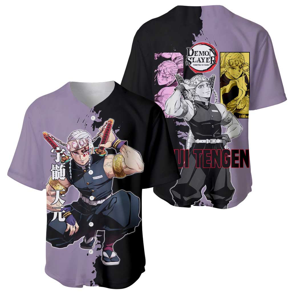 Tengen Uzui from Demon Slayer Baseball Jersey with Purple and Black Split Design and Dual Sword Manga Panel Layout - The Mazicc