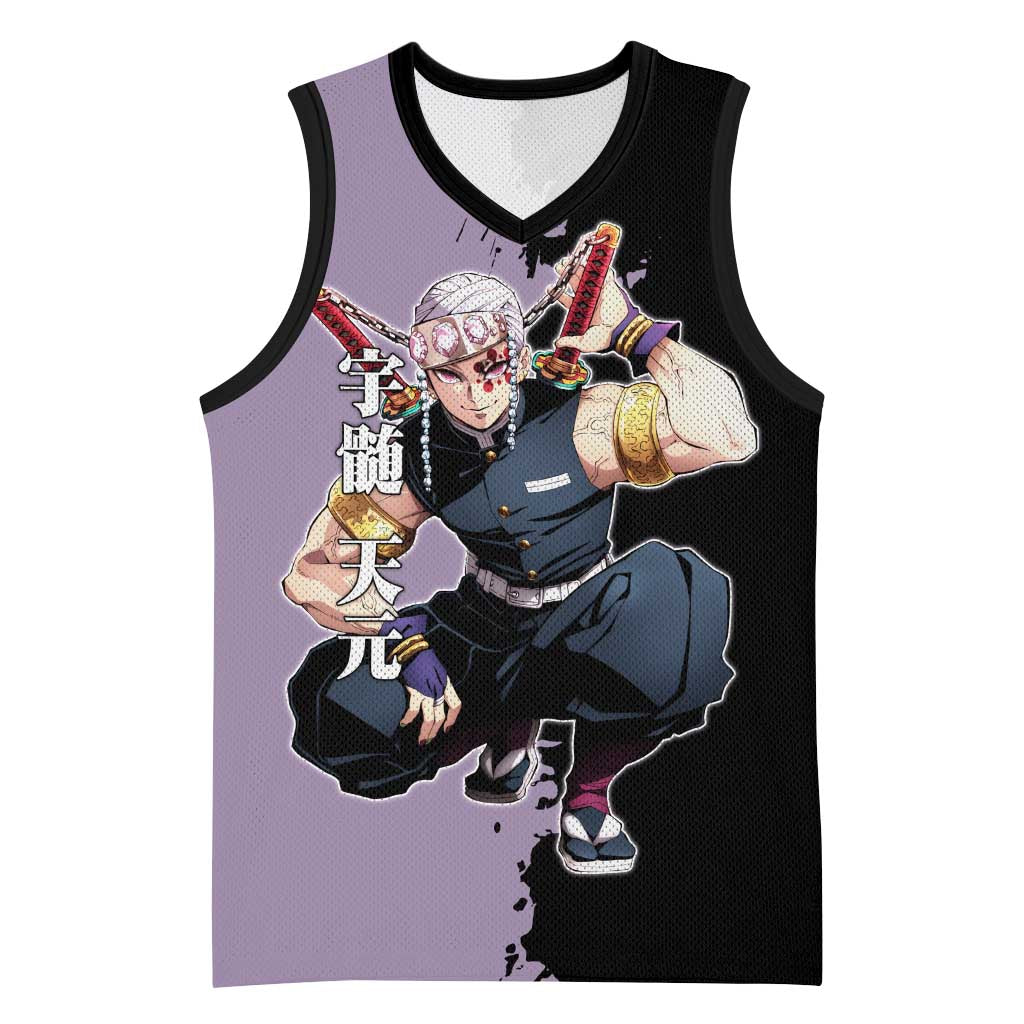 Tengen Uzui from Demon Slayer Basketball Jersey with Purple and Black Split Design and Dual Sword Manga Panel Layout - The Mazicc