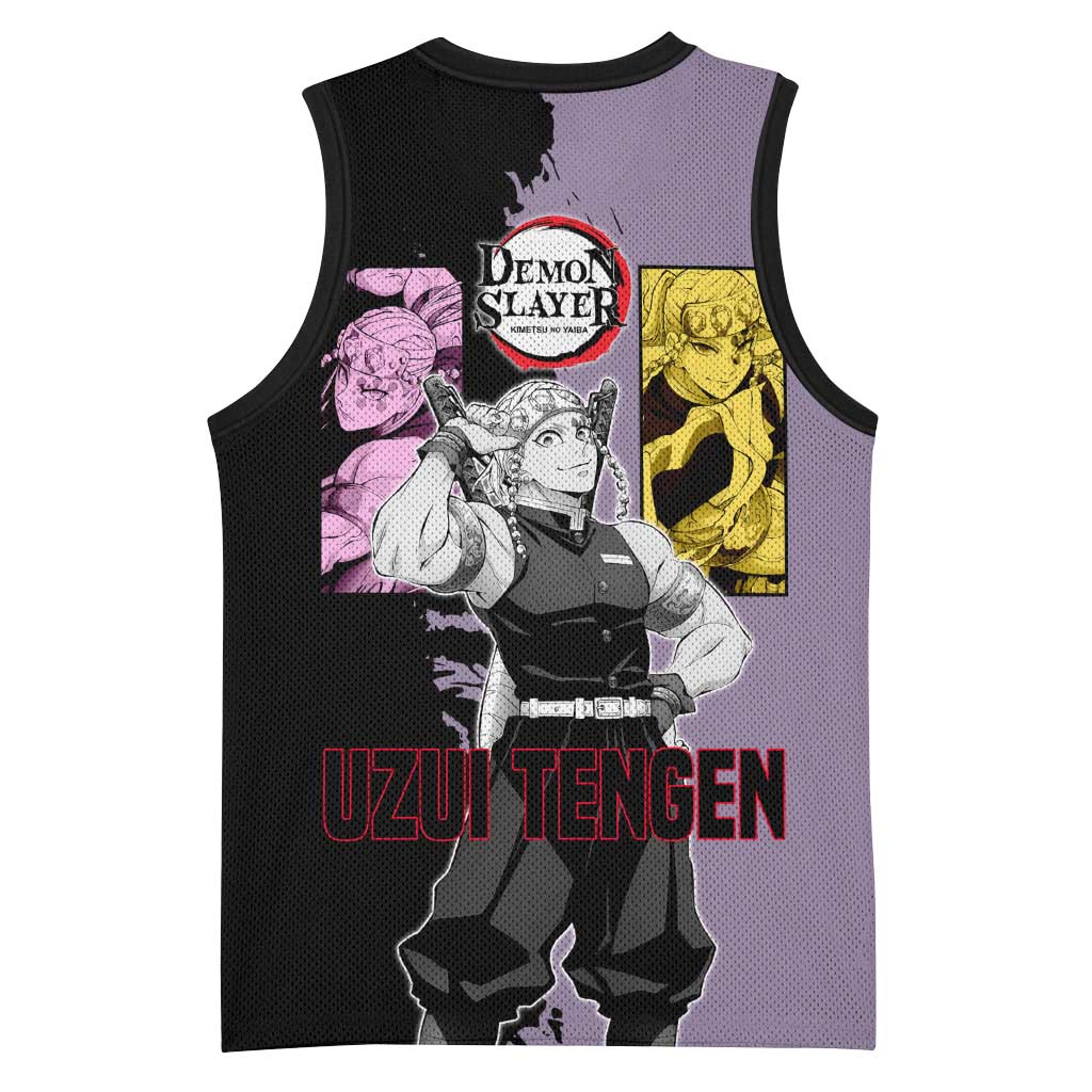 Tengen Uzui from Demon Slayer Basketball Jersey with Purple and Black Split Design and Dual Sword Manga Panel Layout - The Mazicc