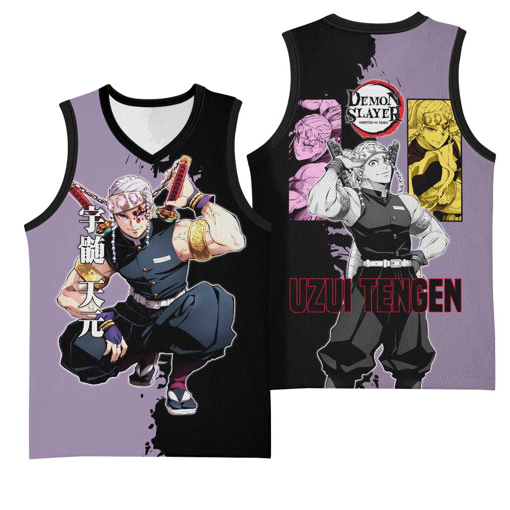 Tengen Uzui from Demon Slayer Basketball Jersey with Purple and Black Split Design and Dual Sword Manga Panel Layout - The Mazicc