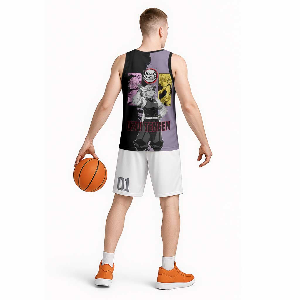 Tengen Uzui from Demon Slayer Basketball Jersey with Purple and Black Split Design and Dual Sword Manga Panel Layout - The Mazicc