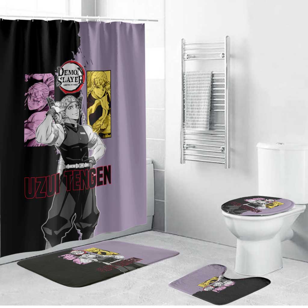 Tengen Uzui from Demon Slayer Bathroom Set with Purple and Black Split Design and Dual Sword Manga Panel Layout - The Mazicc
