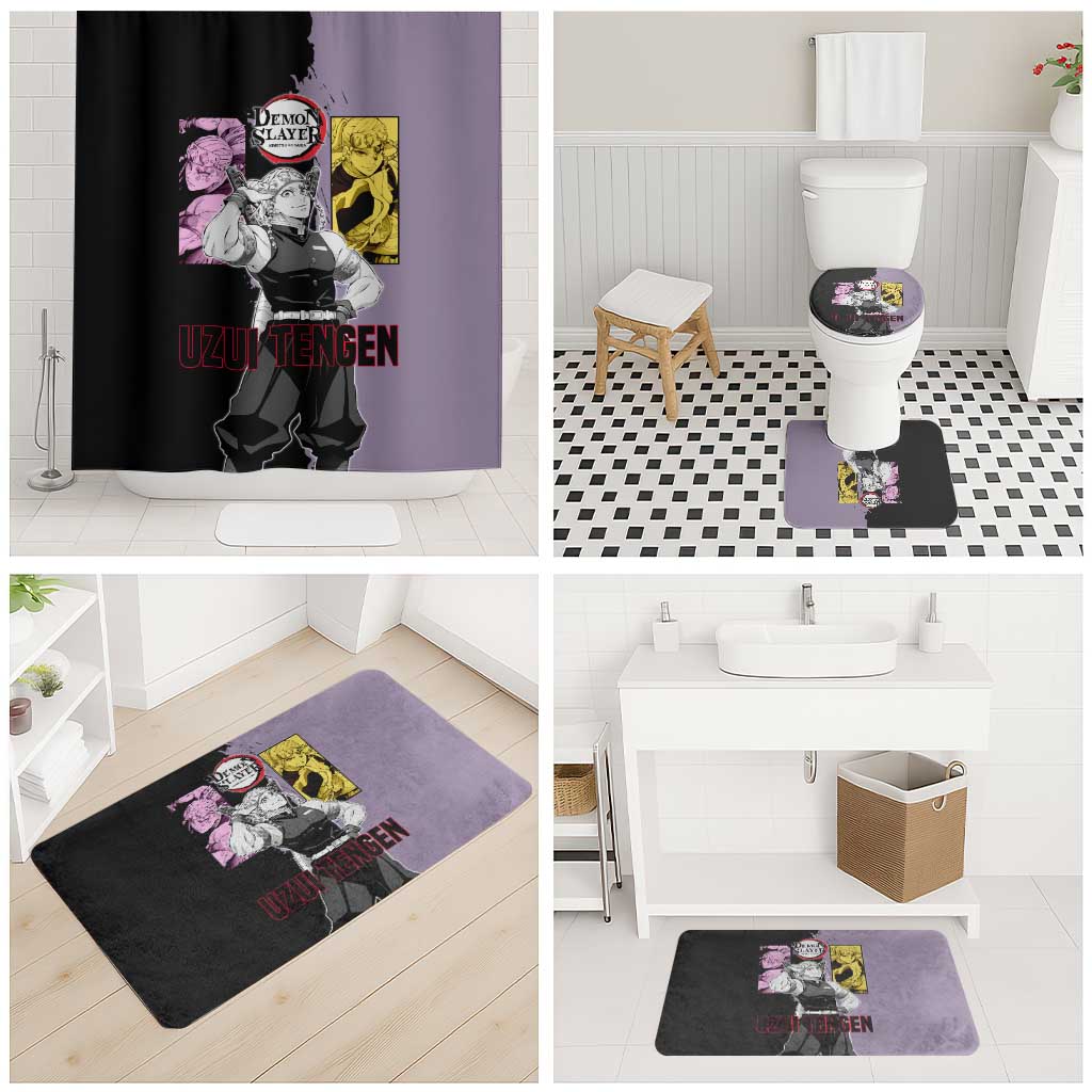 Tengen Uzui from Demon Slayer Bathroom Set with Purple and Black Split Design and Dual Sword Manga Panel Layout - The Mazicc