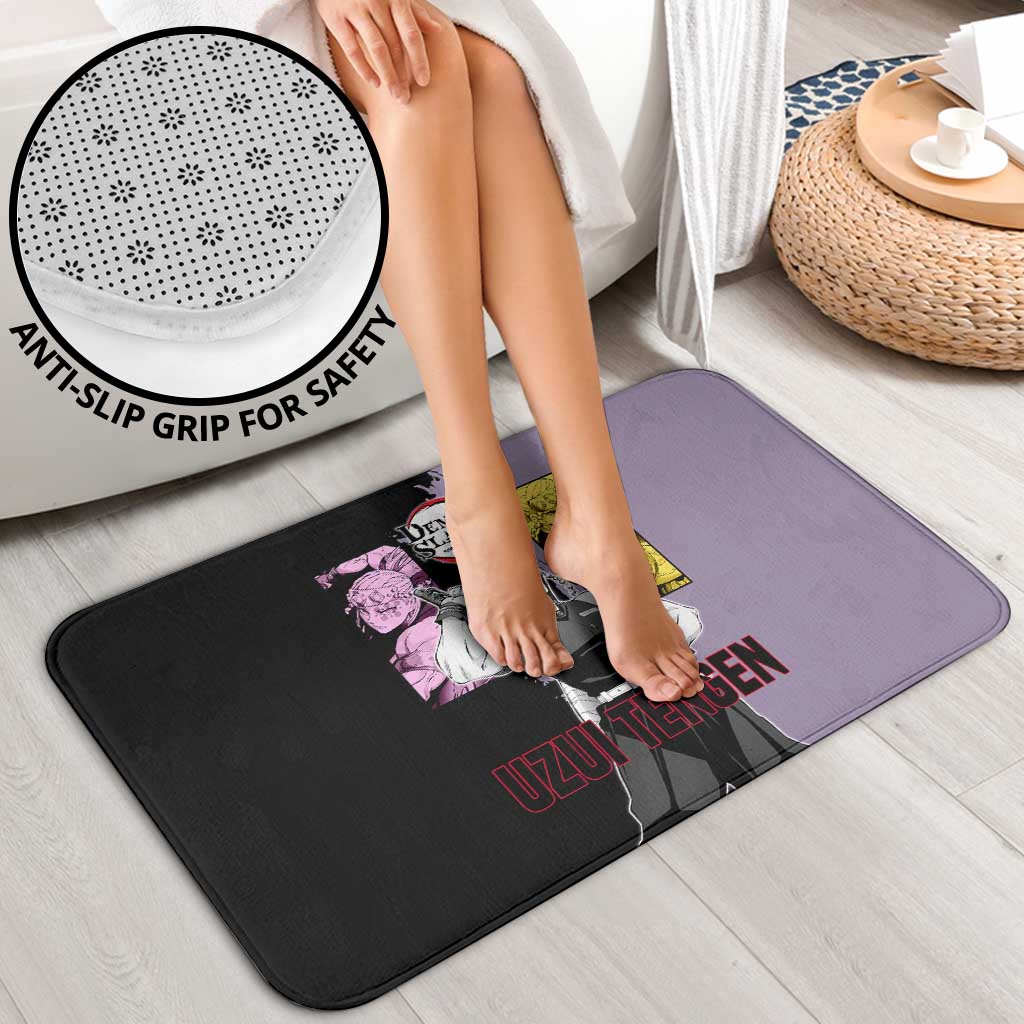 Tengen Uzui from Demon Slayer Bathroom Set with Purple and Black Split Design and Dual Sword Manga Panel Layout - The Mazicc
