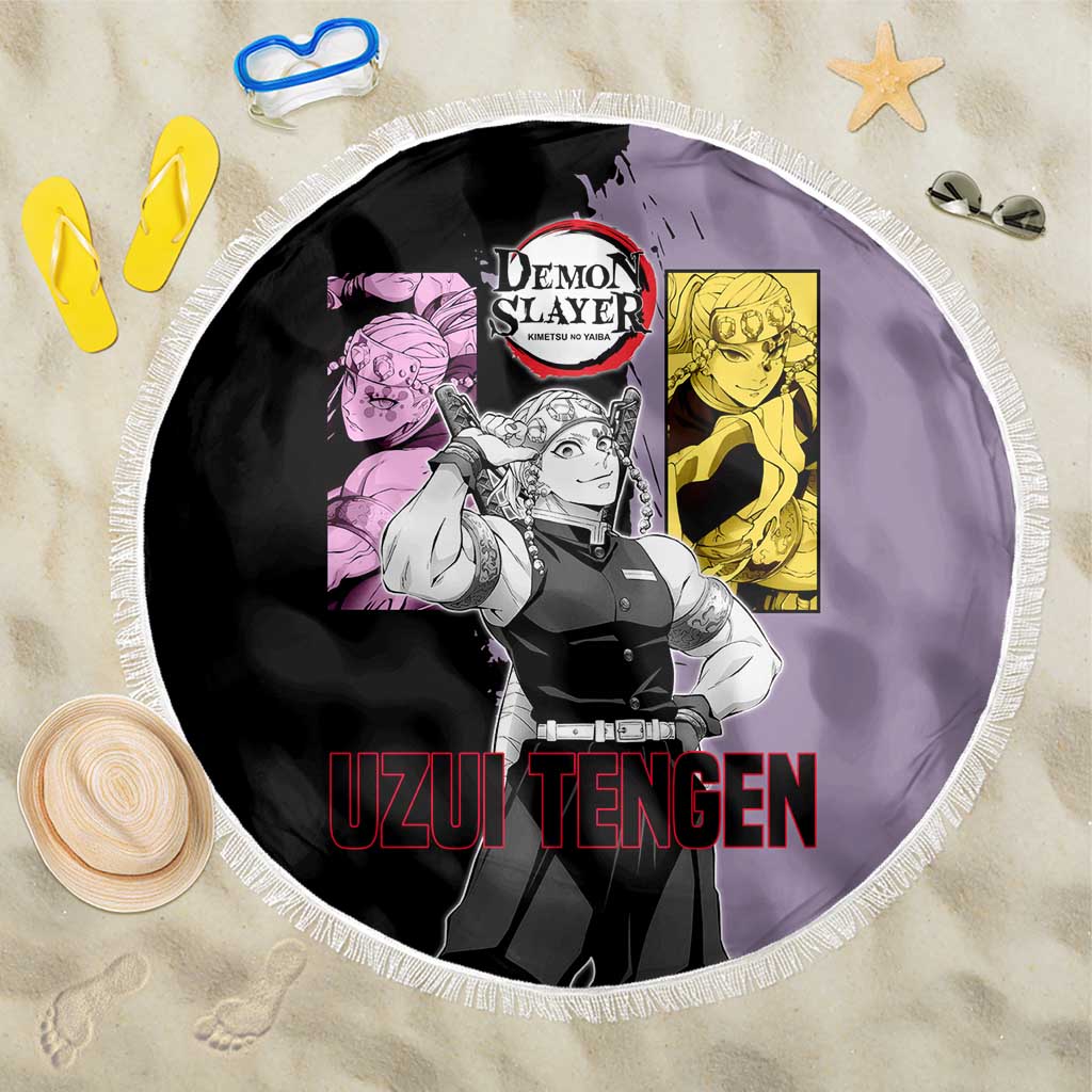 Tengen Uzui from Demon Slayer Beach Blanket with Purple and Black Split Design and Dual Sword Manga Panel Layout - The Mazicc