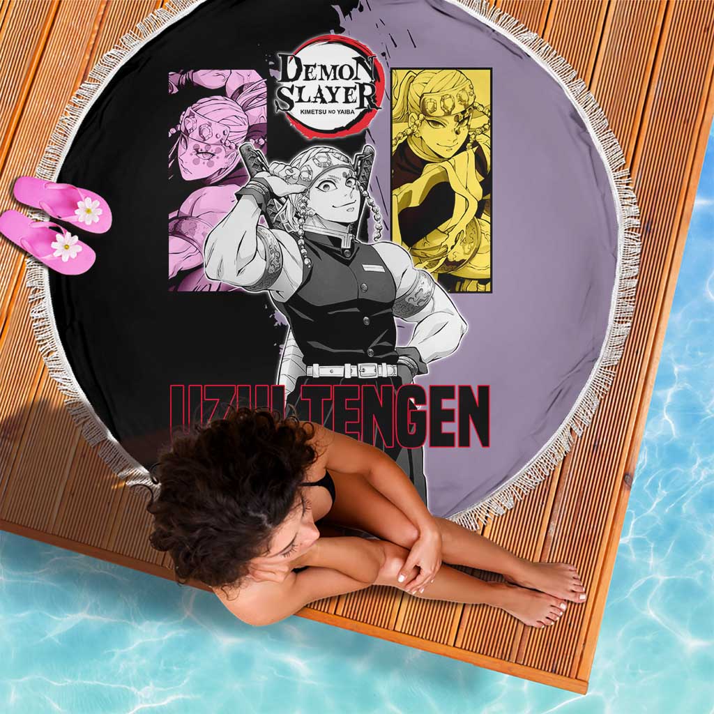Tengen Uzui from Demon Slayer Beach Blanket with Purple and Black Split Design and Dual Sword Manga Panel Layout - The Mazicc