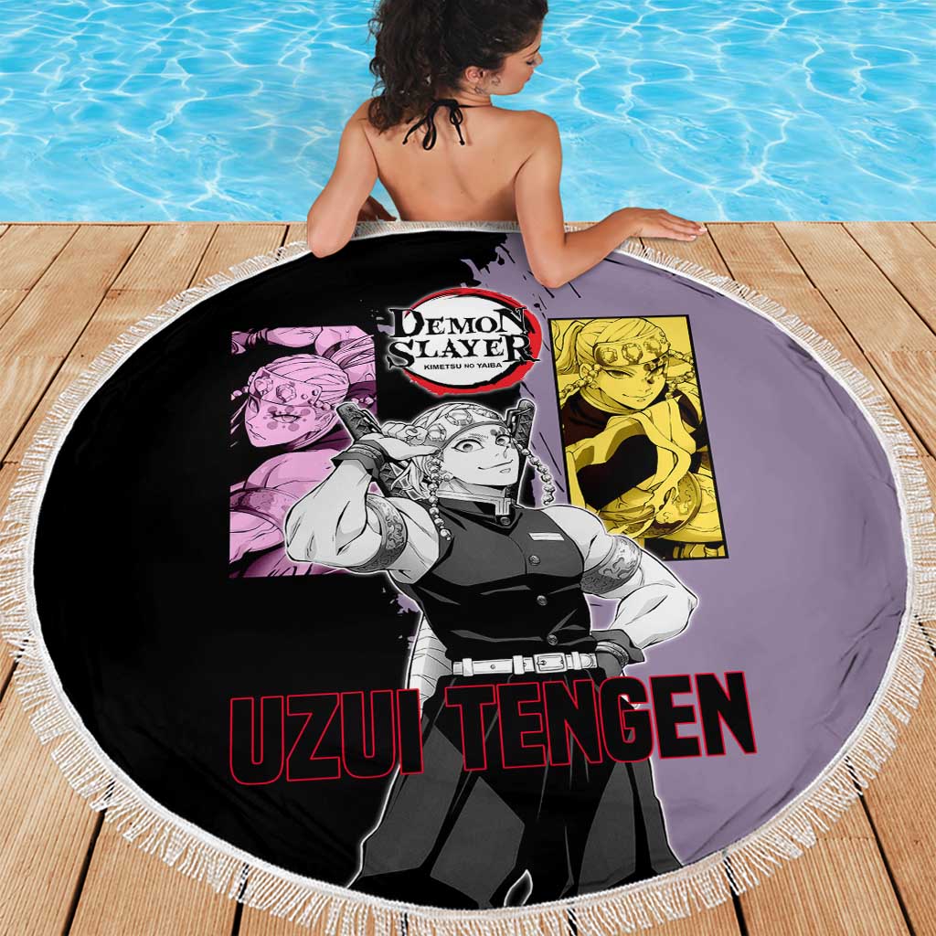 Tengen Uzui from Demon Slayer Beach Blanket with Purple and Black Split Design and Dual Sword Manga Panel Layout - The Mazicc