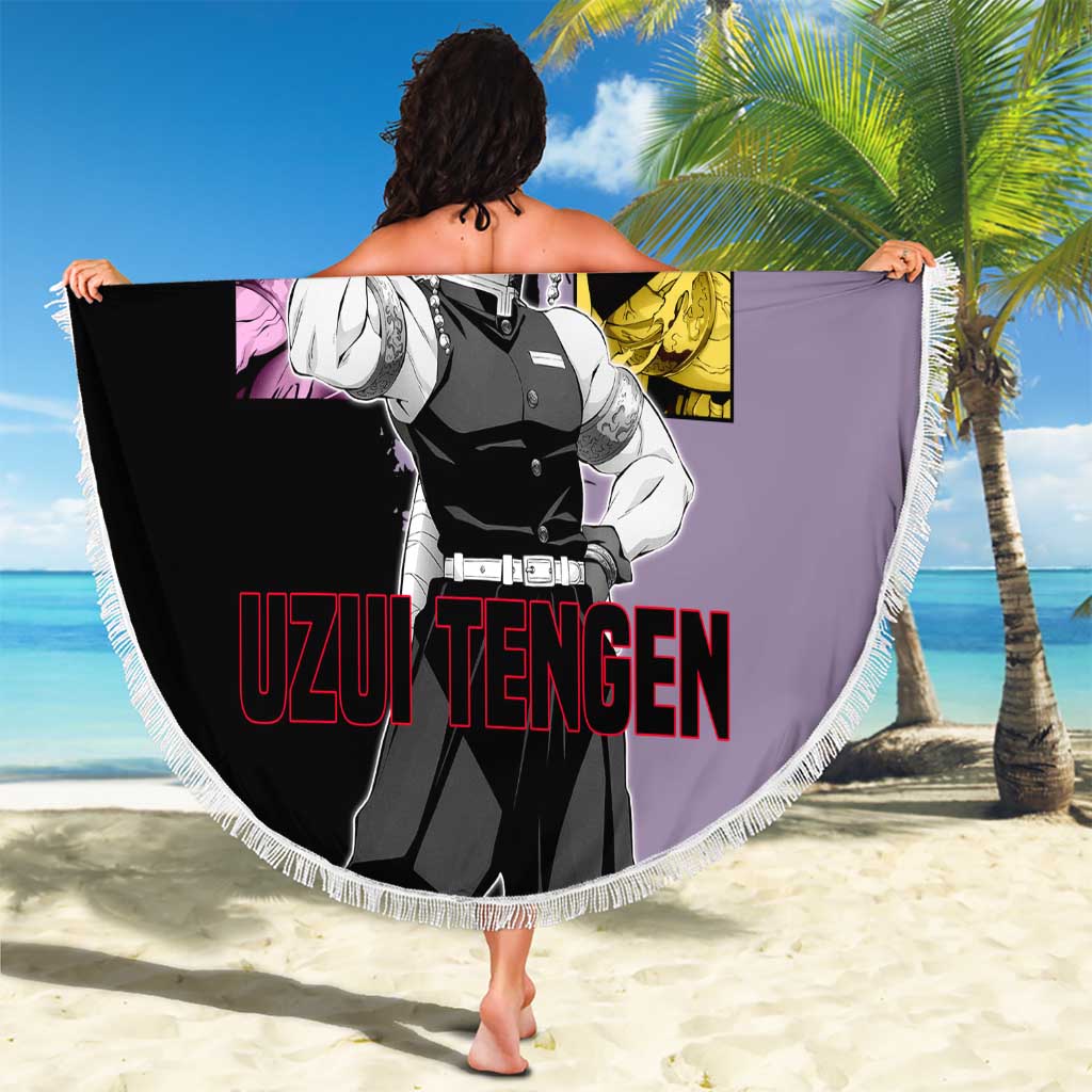 Tengen Uzui from Demon Slayer Beach Blanket with Purple and Black Split Design and Dual Sword Manga Panel Layout - The Mazicc