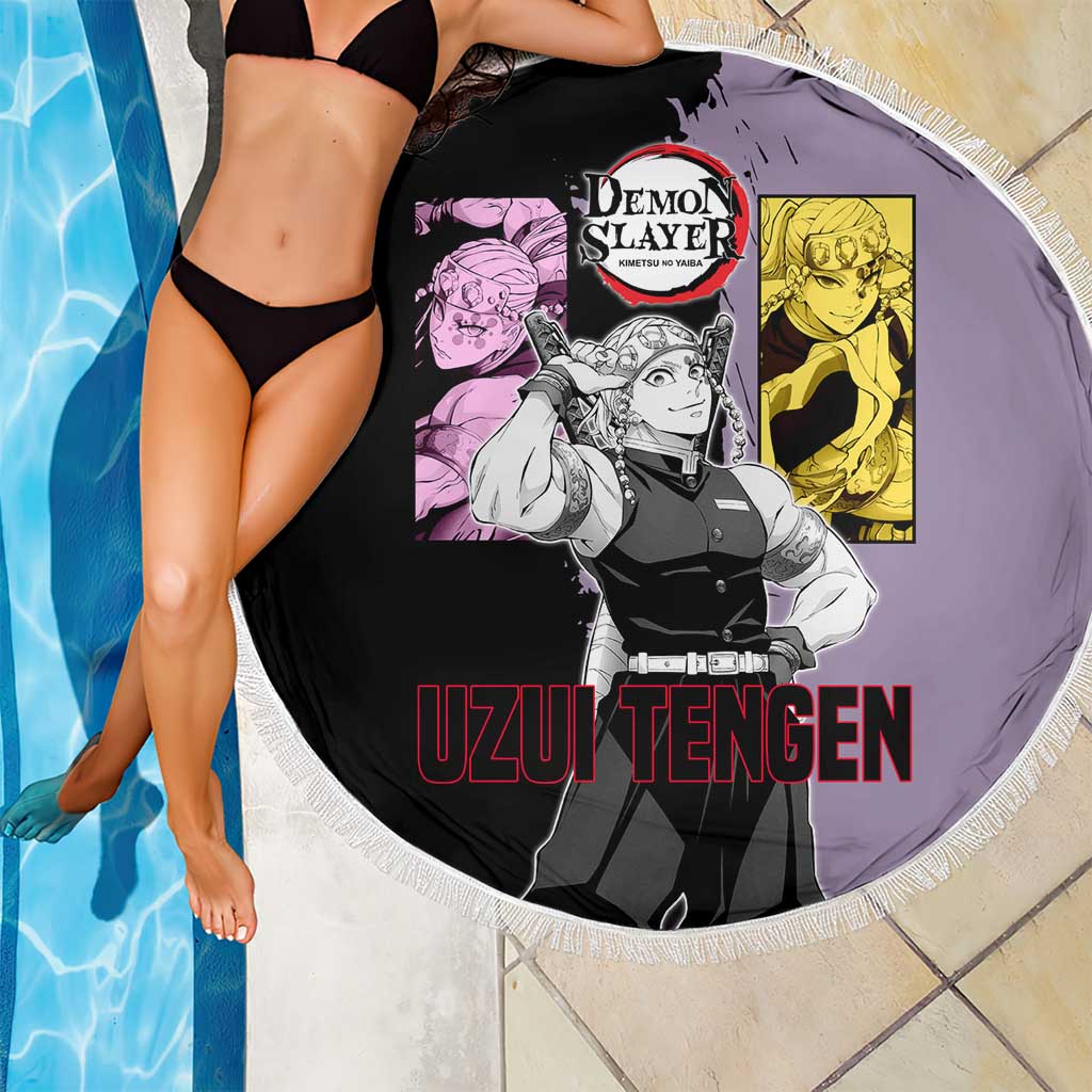Tengen Uzui from Demon Slayer Beach Blanket with Purple and Black Split Design and Dual Sword Manga Panel Layout - The Mazicc