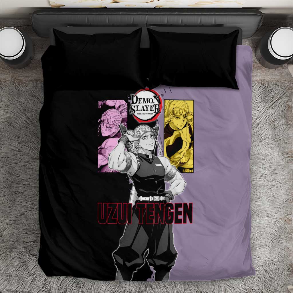 Tengen Uzui from Demon Slayer Bedding Set with Purple and Black Split Design and Dual Sword Manga Panel Layout - The Mazicc